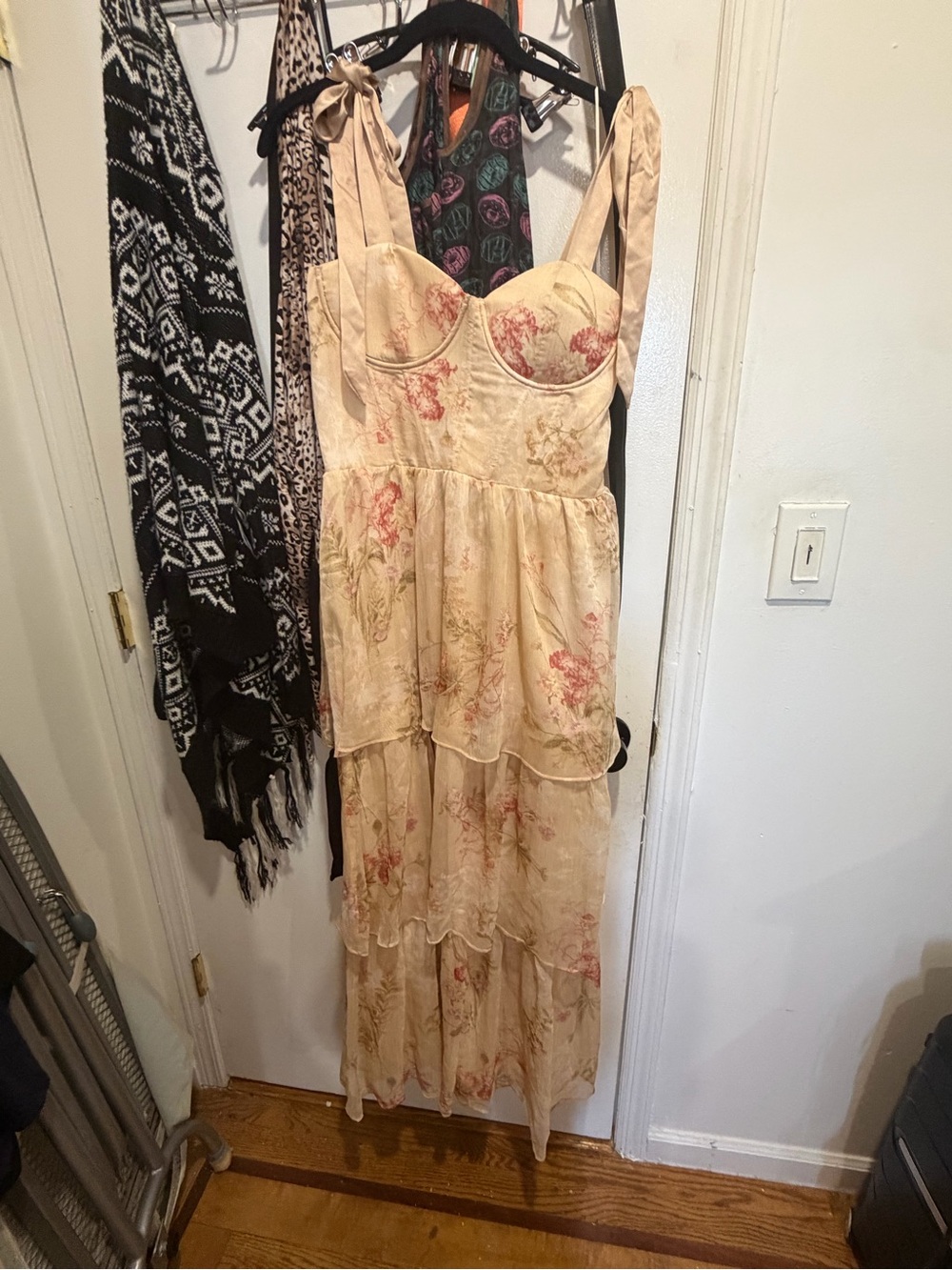 Dress Forum Cream Floral Tiered Maxi Dress with Pink Accents